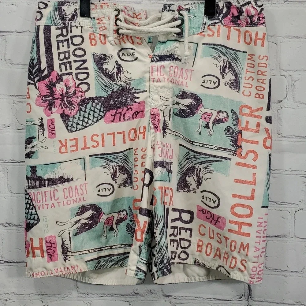 Hollister Board Shorts Hawaiian Tropical Blue Pink Surf Swim Trunk Mens Size M